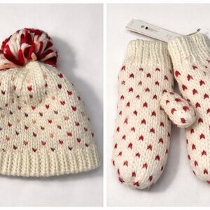 Aqua Red and White Knit Heart Print Winter Hat and Mittens Set